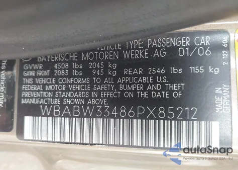 2006 BMW 325Ci z USA, uszkodzony, nr VIN WBABW33486PX85212